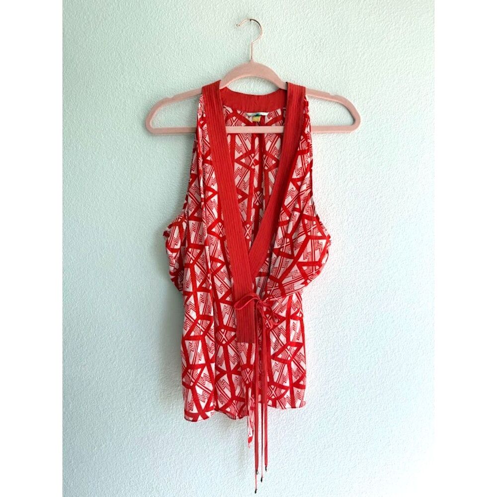 Anthropologie Leifsdottir Catalyst Geo Print Silk Wrap Top in Red & White size 2